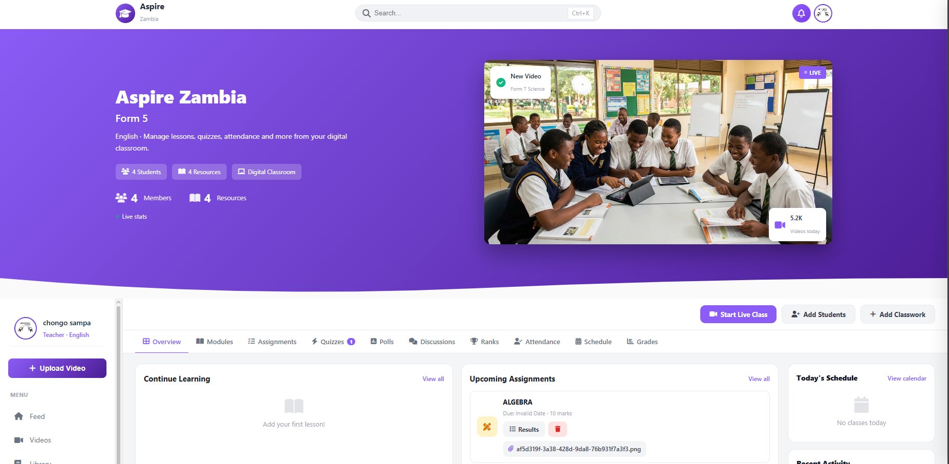 Aspire Zambia classroom interface